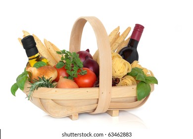 Italian Food Selection In A Rustic Wooden Basket Over White Background.