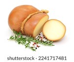 Italian food, smoked cheese with herb on white background, isolated.