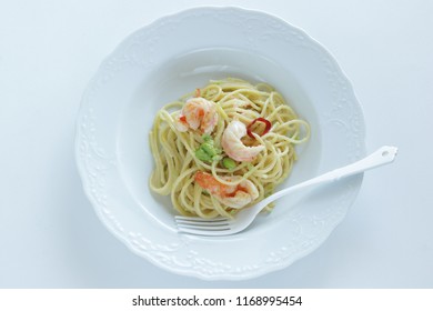 Italian Food, Soy Bean Edamame And Shrimp Spaghetti