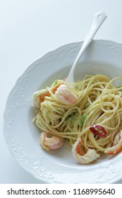 Italian Food, Soy Bean Edamame And Shrimp Spaghetti