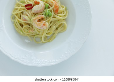 Italian Food, Soy Bean Edamame And Shrimp Spaghetti