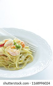 Italian Food, Soy Bean Edamame And Shrimp Spaghetti