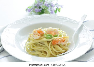 Italian Food, Soy Bean Edamame And Shrimp Spaghetti