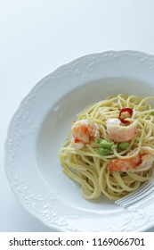 Italian Food, Soy Bean Edamame And Shrimp Spaghetti