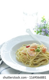 Italian Food, Soy Bean Edamame And Shrimp Spaghetti