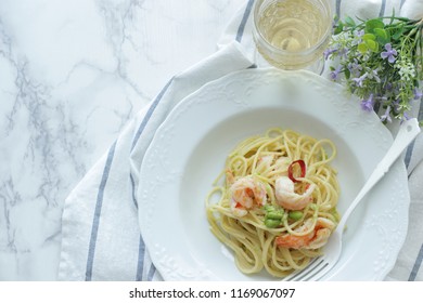 Italian Food, Soy Bean Edamame And Shrimp Spaghetti