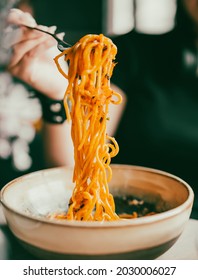 Italian Food. Woman Hand Holding Fork With Spaghetti Bolognese Sauce In Bowl