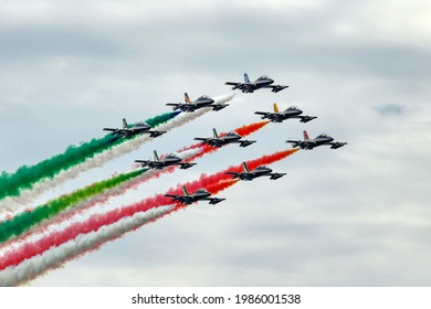 The Italian Frecce Tricolori (Tricolour Arrows), the aerobatic demonstration team of the Italian Aeronautica Militare in Taranto, Puglia, Italy. 05.06.2021