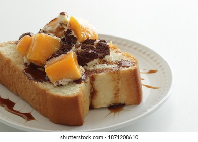 Italian Fuision Food, Tiramisu And Frozen Mango On Open Sandwich With Gourmet Breakfast
