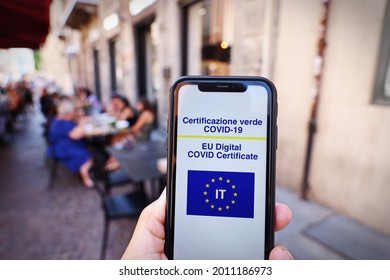 Italian Green Pass. EU Digital Certificate Covid-19. Covid Or Coronavirus Vaccine Certificate. Selective Focus  Turin, Italy - July 2021