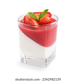 Italian homemade healthy panna cotta dessert of cream thickened with gelatin with layer of strawberry sauce served in glass garnished with sliced berries and mint leaf isolated on white background