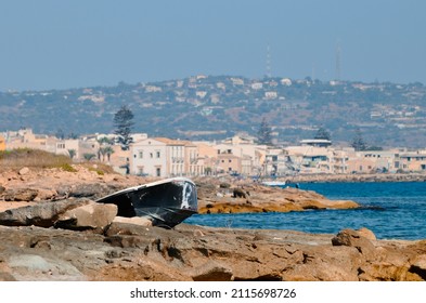 Italian Landscape At The Seaside, Old Boat And Seashore View Photo,summer Holidays In Sicily. Photo For Walpaper ,banners And Typography