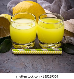 Italian Liqueur Limoncello With Lemons. Selective Focus. Square Image