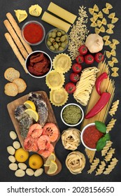 Italian Low Cholesterol Food Ingredients For Healthy Diet With Prawns,  Oysters,  Pasta, Fruit, Vegetables, Sauces, Bread Products. High In Fibre, Protein, Anthocyanins, Omega 3, Antioxidants. 