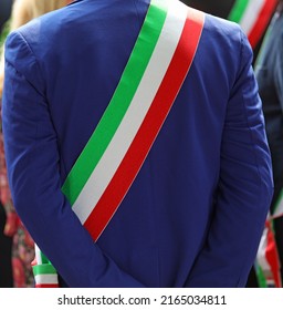 Italian Mayor With Tricolor Green White And Red Band During Meeting