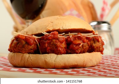 Italian Meatball Sandwich On A Crusty Bread Roll