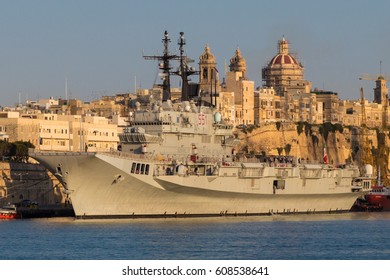 Italian Navy Aircraft Carrier Giuseppe Garibaldi 551, Docked In Harbor, Evening Sun, Grand Harbour, Valletta, Malta, March 2017