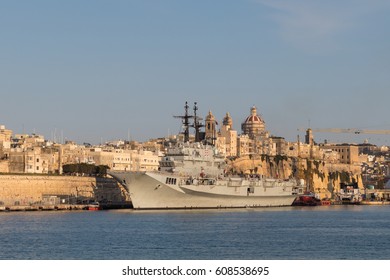 Italian Navy Aircraft Carrier Giuseppe Garibaldi 551, Docked In Harbor, Evening Sun, Grand Harbour, Valletta, Malta, March 2017