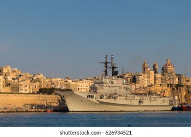 Italian Navy Aircraft Carrier Giuseppe Garibaldi 551, Docked In Harbor, Evening Sun, Grand Harbour, Valletta, Malta, March 2017