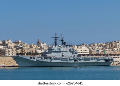 Italian Navy Aircraft Carrier Giuseppe Garibaldi 551, Docked In Harbor, Midday Sun, Grand Harbour, Valletta, Malta, March 2017