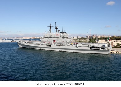 The Italian Navy Ship, Aircraft Carrier Giuseppe Garibaldi Moored At The Military Naval Base Of Taranto, Puglia, Italy - 17.12.2021