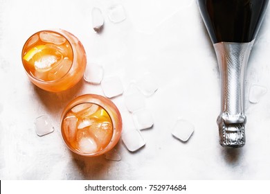 Italian Orange Cocktail With Aperitif, Ice, Sparkling Wine And Orange Slice, Top View