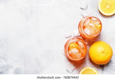 Italian Orange Cocktail With Aperitif, Ice, Sparkling Wine And Orange Slice, Top View