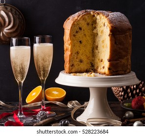 Italian Panettone Christmas Cake With Sparkling Wine, Prosecco Or Champagne.