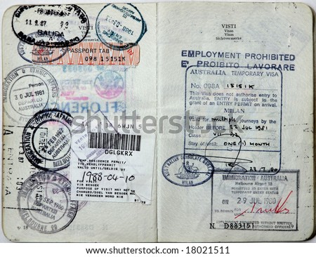 Italian passport. Australia,South Africa and Spain border stamps. Australian  temporary visa