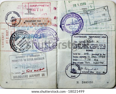 Italian passport.Australia,India,Finland border stamps and Australian visa