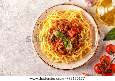 Italian pasta bolognese. Top view.
