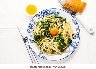 Italian Pasta Carbonara. Vegetarian Style With Spinach And Peas.