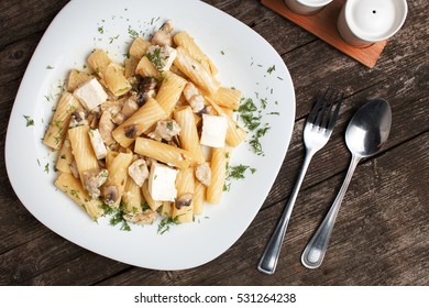 Italian Pasta With Cheese And Chicken Tortiglioni. Italian Cuisine Macaroni. Flat Lay From Above