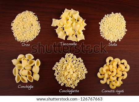 Italian pasta collection on wooden background with labels