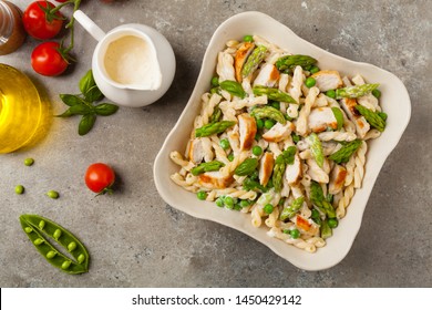 Italian Pasta Fusilli. Salad With Chicken And Asparagus In Béchamel Sauce. Best Eaten Hot. Stone Background. Top View. 