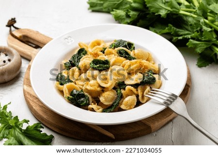 Italian pasta Orecchiette con le cime di rapa e le acciughe, popular in Southern Italy dish, typical for Apulia. Made with anchovy, bread crumbs and rapini, called broccoli rabe or turnip greens. 