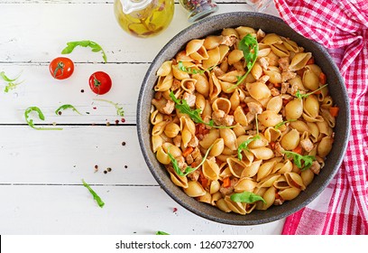 Italian Pasta Shells With Meat And Tomato Sauce. Conchiglie Pasta. Top View