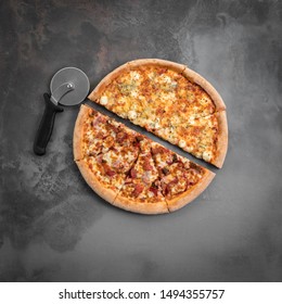 Italian Pizza Cut In Half With Cutter On The Grey Background. Top View And Square Flat Lay Photo.