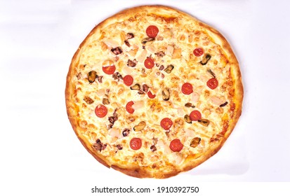 italian pizza with different ingredients on a white background