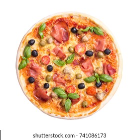 Italian pizza with jamon , tomato , olives and mushrooms isolated on white background . Top view . With clipping path included
