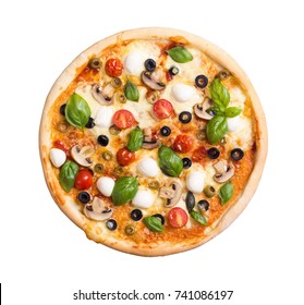 Italian pizza with mozzarella , tomato , olives and mushrooms isolated on white background . Top view . With clipping path included