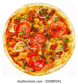 Italian pizza on a white background top view