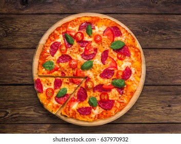 Italian Pizza Top View On Wood With Salami Pepperoni - Thin Pastry Crust