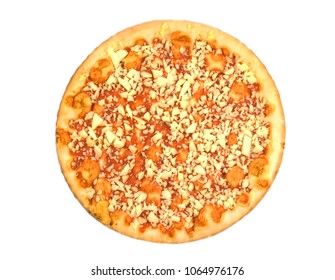 ITALIAN PIZZA, Top View Tasty Italian Pizza With Cheese Isolated On White Background, Copy Space For Your Logo, Ideal For Commercial, Frozen Food, Food Concept.