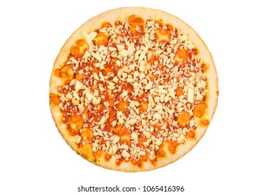 ITALIAN PIZZA, Top View Tasty Italian Pizza With Cheese Isolated On White Background, Copy Space For Your Logo, Ideal For Commercial, Frozen Food, Food Concept.