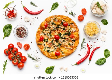 Italian Pizza And Various Ingredients Isolated On White Background, Top View