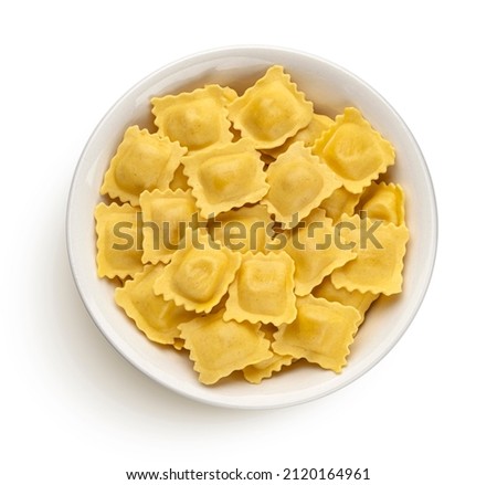 Italian ravioli pasta isolated on white background, top view