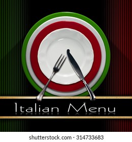 Italian Restaurant Menu Design / Restaurant menu with green, red and white Italian flag, text Italian Menu, white plate and silver cutlery