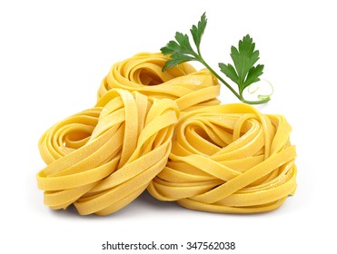 Italian Rolled Fresh Fettuccine Pasta With Flour And Parsley Isolated On White Background. 