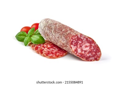 Italian salami with mold, isolated on white background
